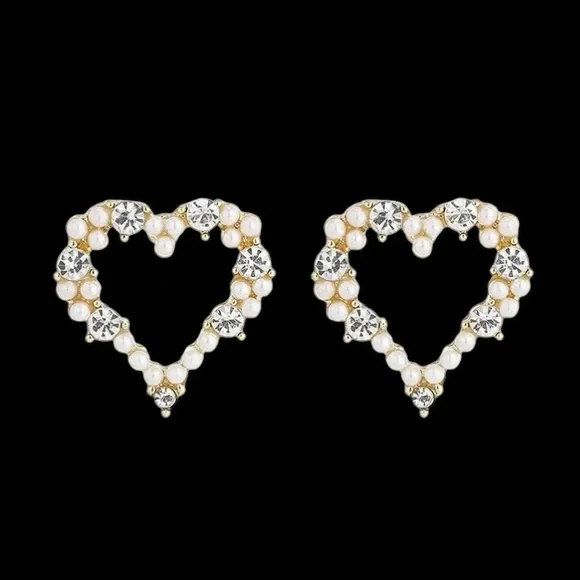 Pearl & Diamond Heart Gold Toned Stud Earrings - Picture 3 of 4